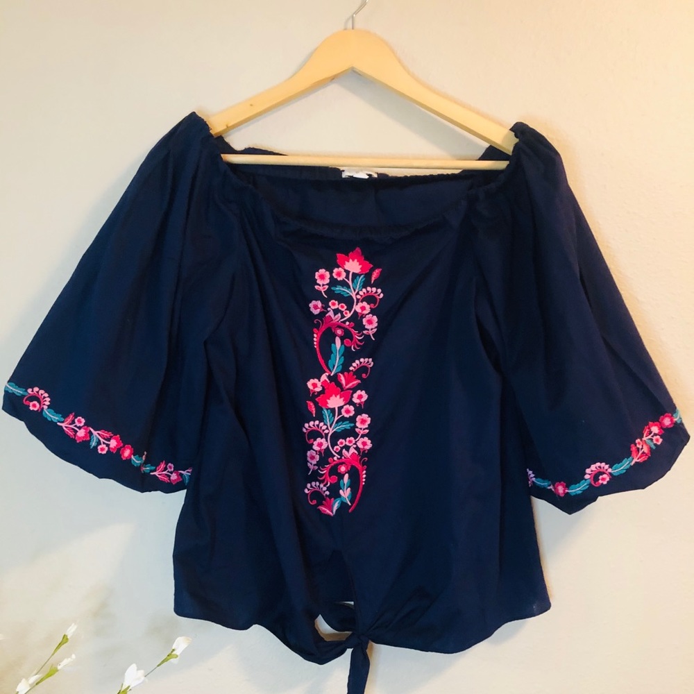Navy Blue Blouse with Embroidered Floral Sleeves
